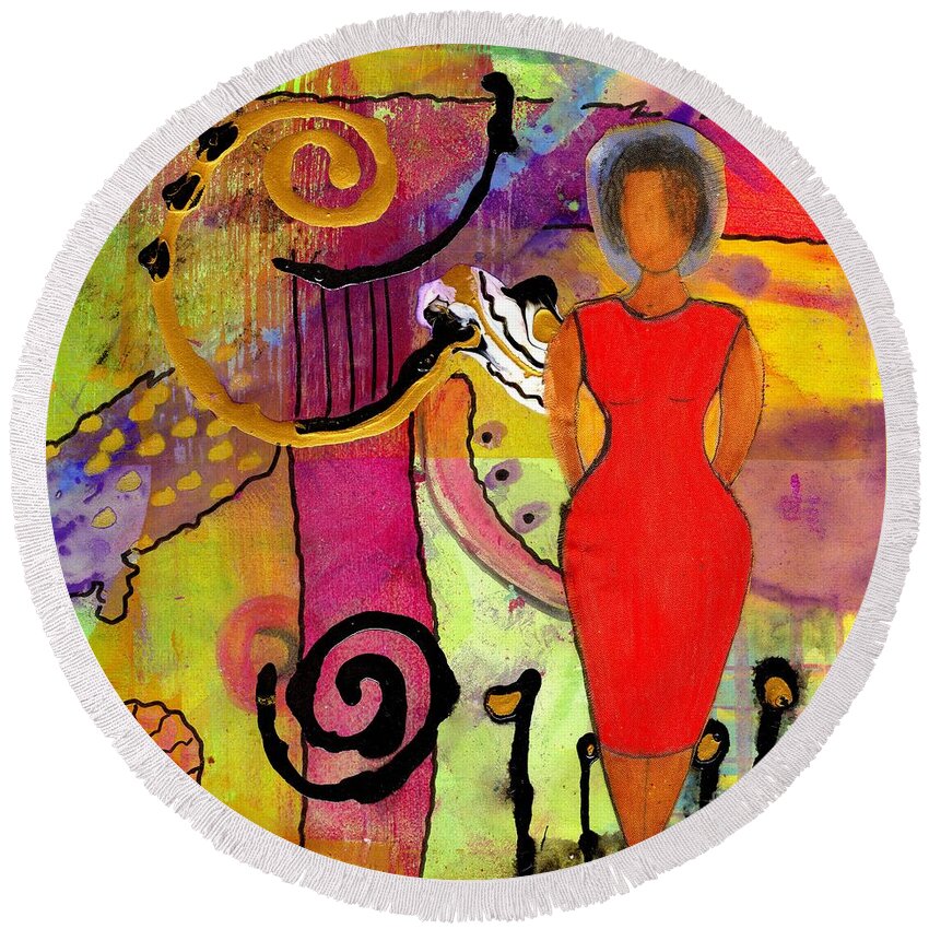 Woman Round Beach Towel featuring the mixed media Woman in RED by Angela L Walker