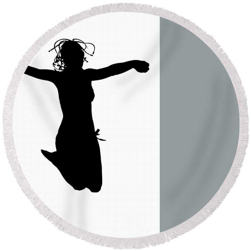 Silhouette Round Beach Towel featuring the digital art Woman jumping backlight by Benny Marty