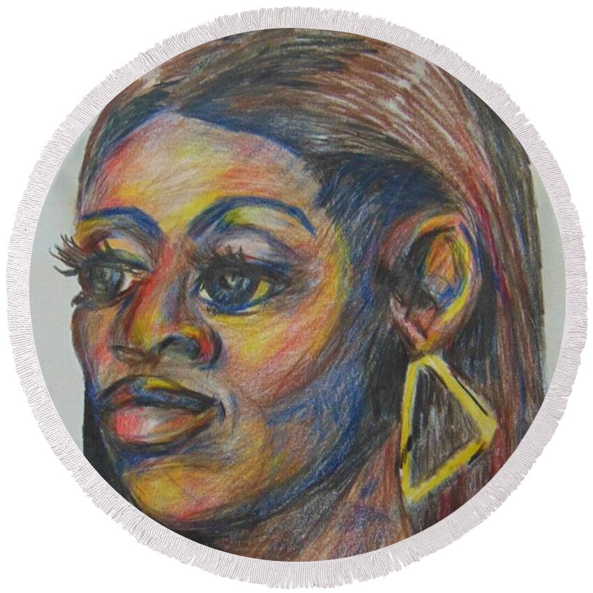 Black Woman Round Beach Towel featuring the drawing Woman of Color by Saundra Johnson