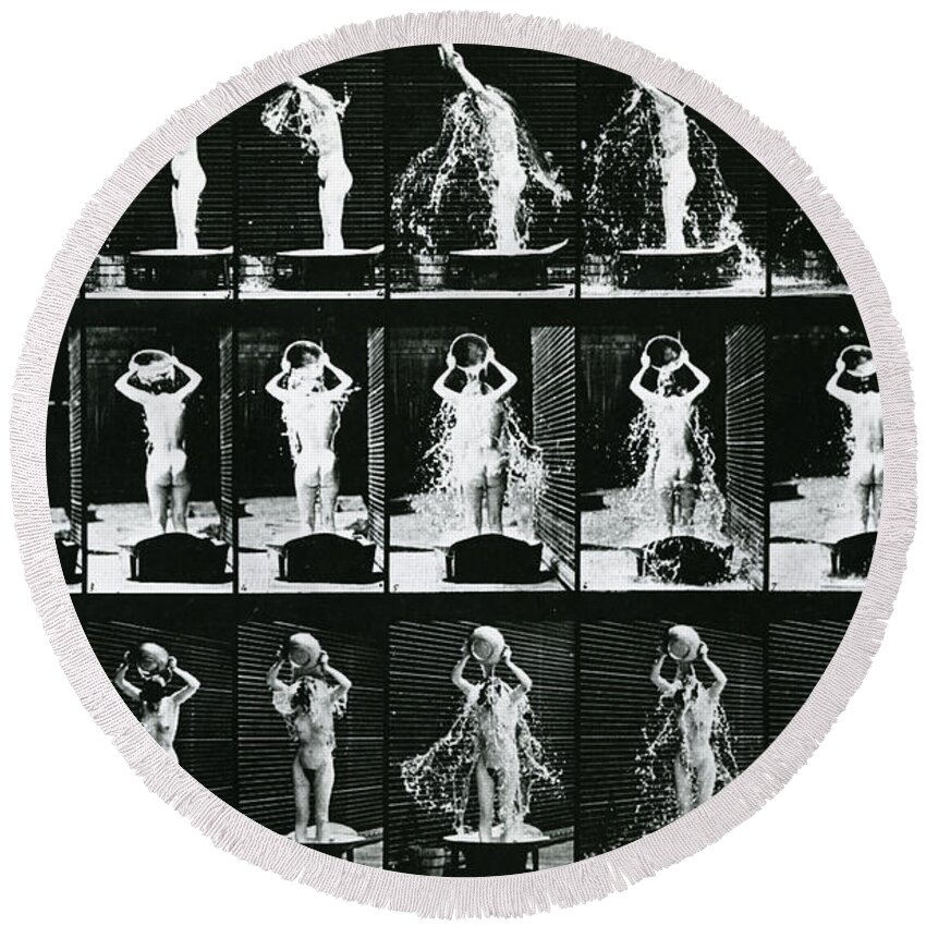 Muybridge Round Beach Towel featuring the photograph Woman Pouring a Basin of Water over her Head by Eadweard Muybridge