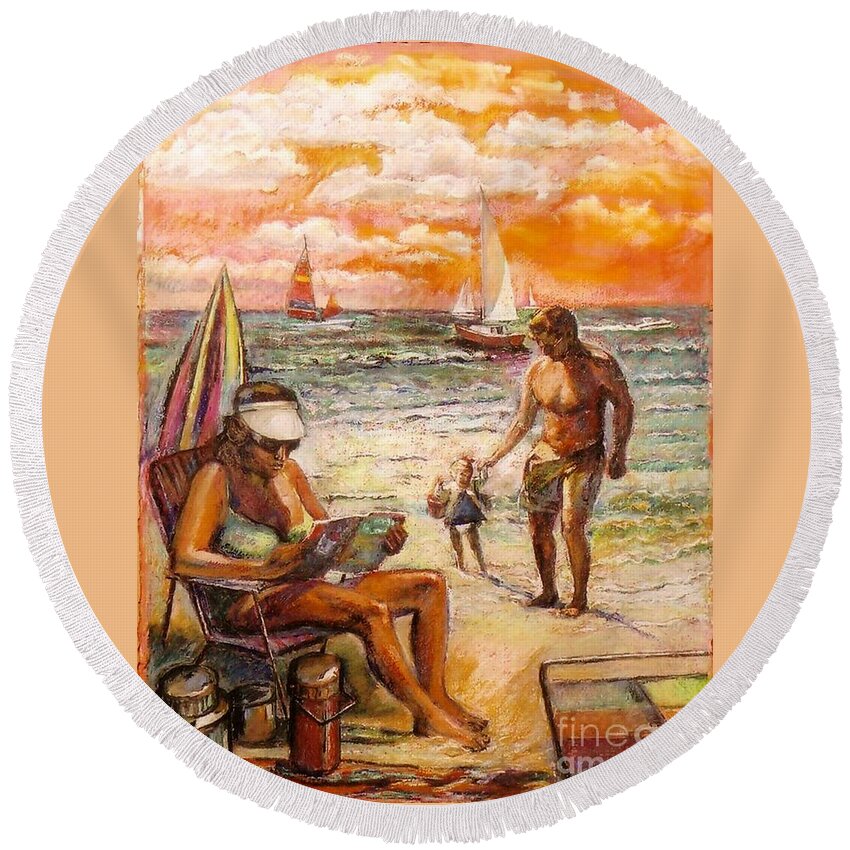 Beach Scene Round Beach Towel featuring the painting Woman Reading On The Beach by Stan Esson