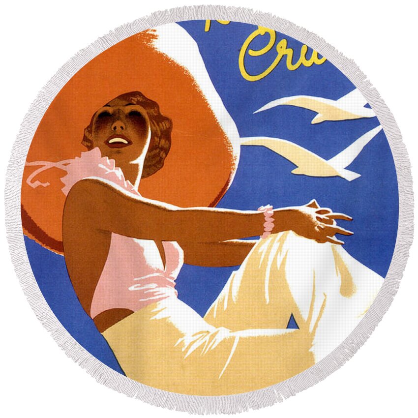 Woman Round Beach Towel featuring the painting Woman sitting on a cruising ship by Long Shot