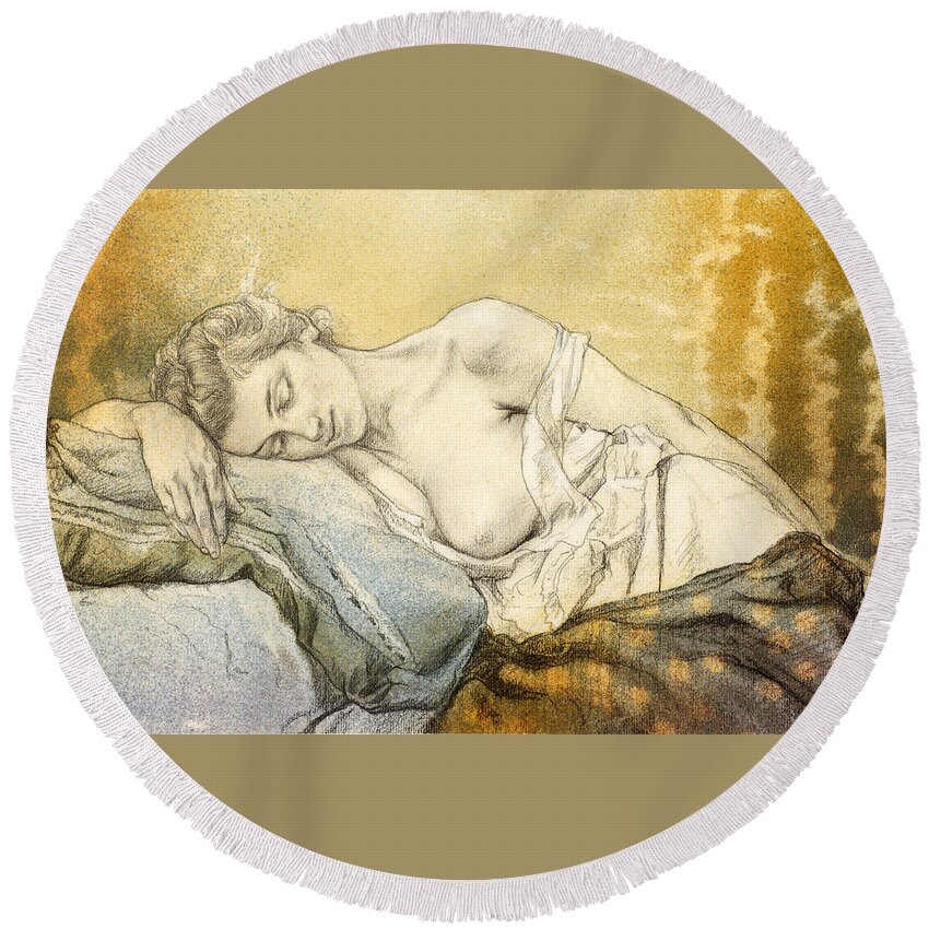 Charles Maurin Round Beach Towel featuring the drawing Woman Sleeping by Charles Maurin