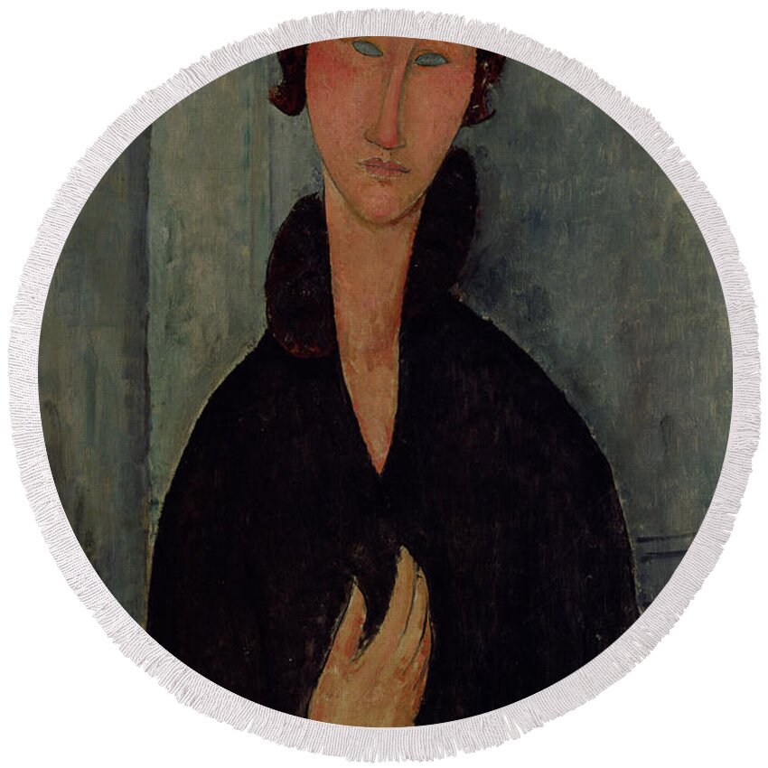 Woman Round Beach Towel featuring the painting Woman with Blue Eyes by Amedeo Modigliani