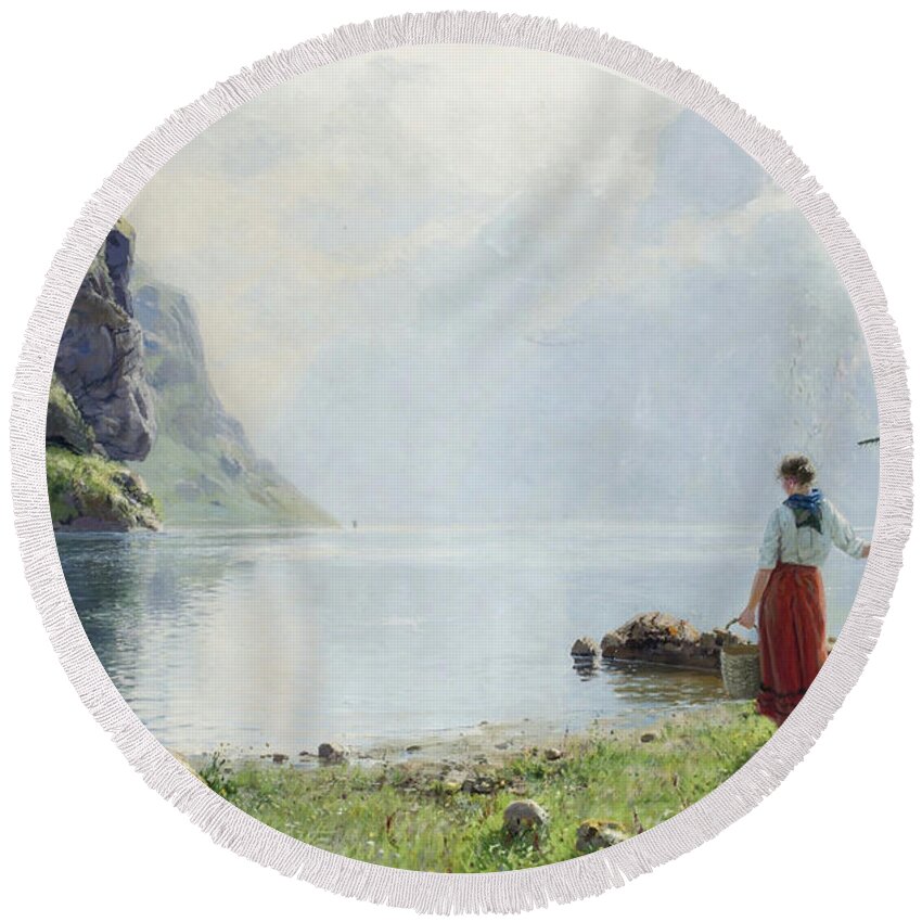 Hans Andreas Dahl Norway 1881-1919. Women On River Bank Round Beach Towel featuring the painting Women On River Bank by MotionAge Designs