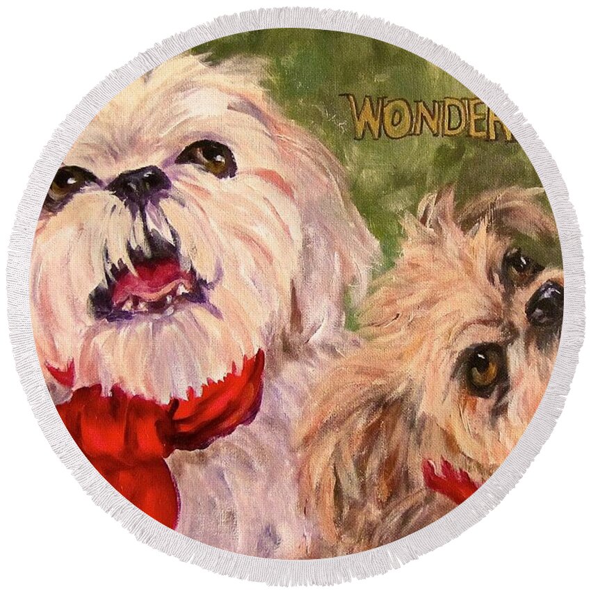 Dogs Round Beach Towel featuring the painting Wonder and Joy by Barbara O'Toole