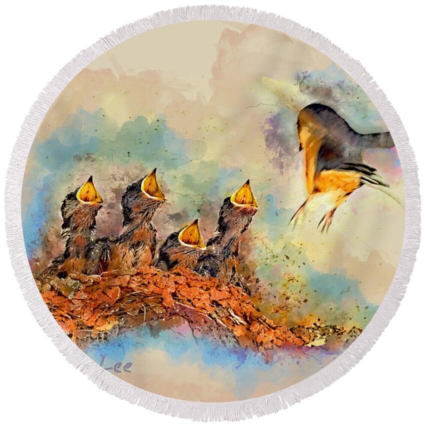 Birds Round Beach Towel featuring the mixed media Wonder What's For Dinner? by Dave Lee