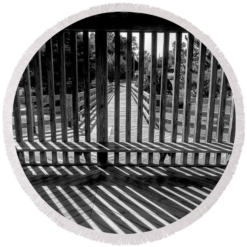 2d Round Beach Towel featuring the photograph Wood And Shadows - BW by Brian Wallace