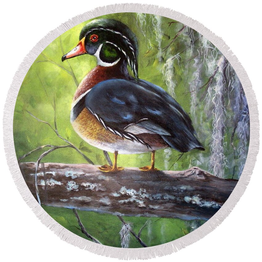 Duck Round Beach Towel featuring the painting Wood Duck by Mary McCullah