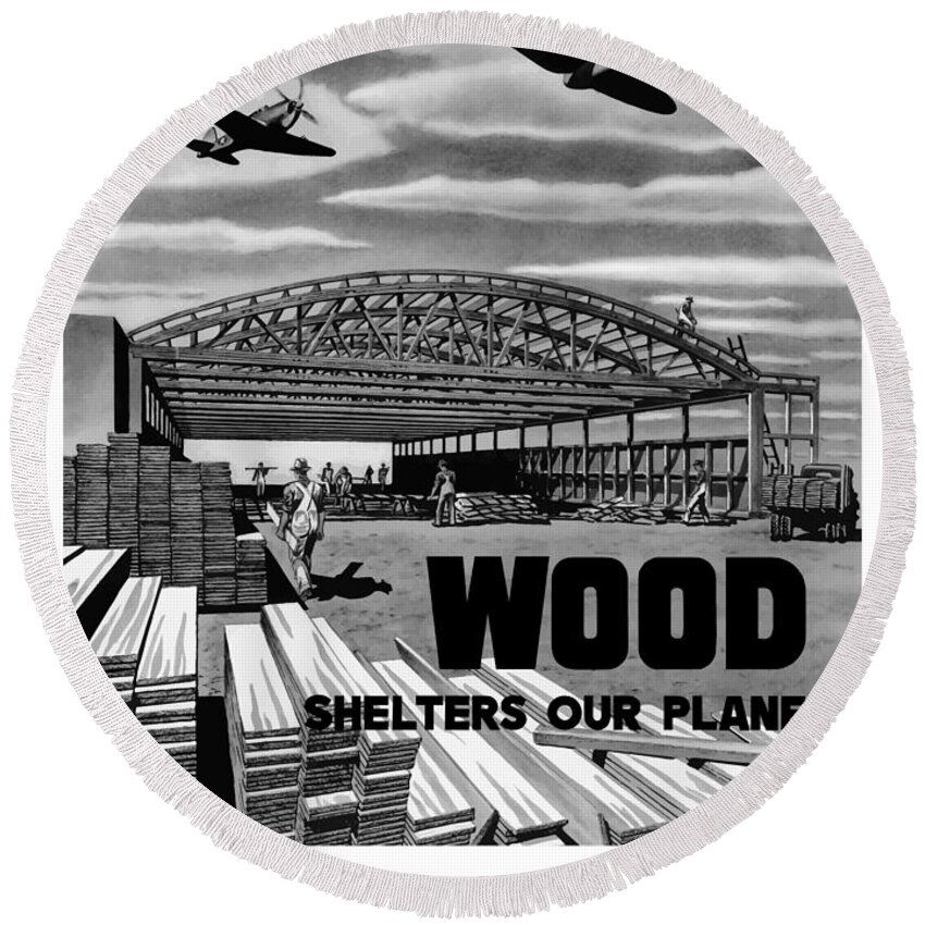 Wwii Round Beach Towel featuring the painting Wood Shelters Our Planes - WW2 by War Is Hell Store