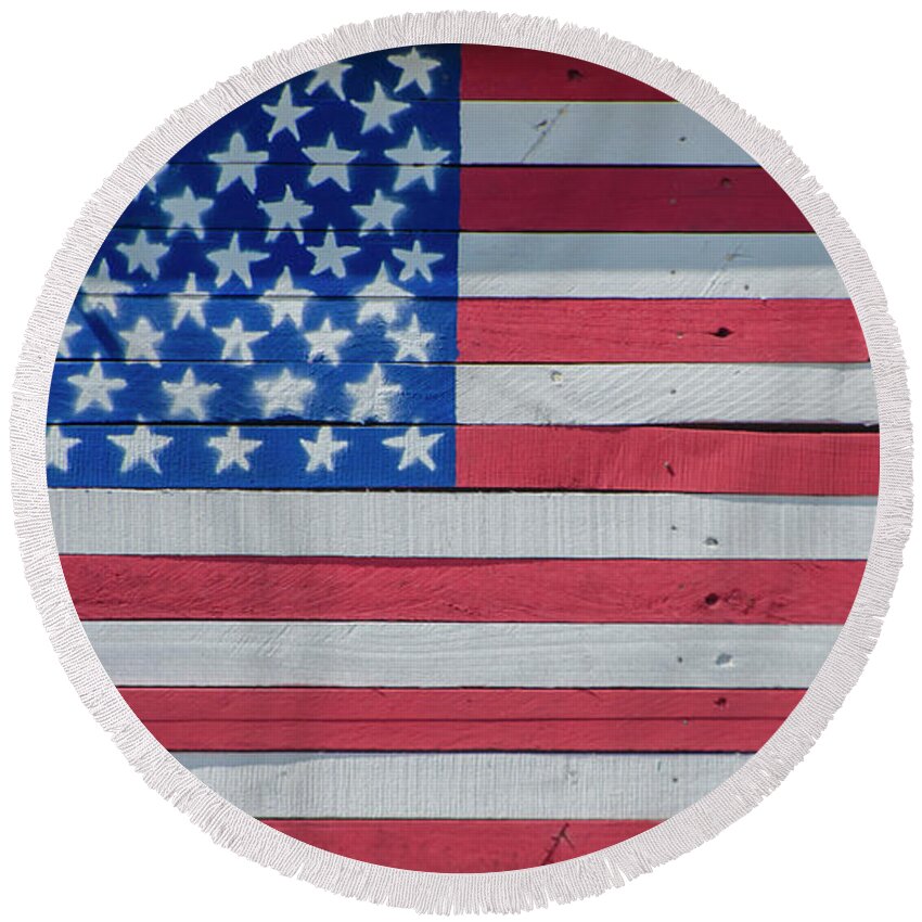 Wooden Round Beach Towel featuring the photograph Wooden American Flag by Bill Cannon