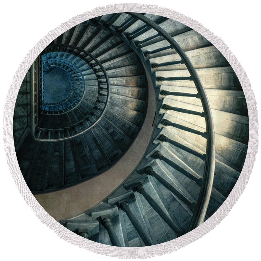Architecture Round Beach Towel featuring the photograph Wooden blue spiral staircase by Jaroslaw Blaminsky