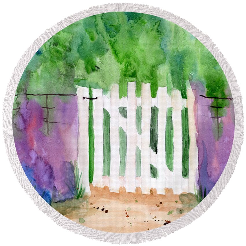 Gate Round Beach Towel featuring the painting Wooden Gate by Julia Stubbe