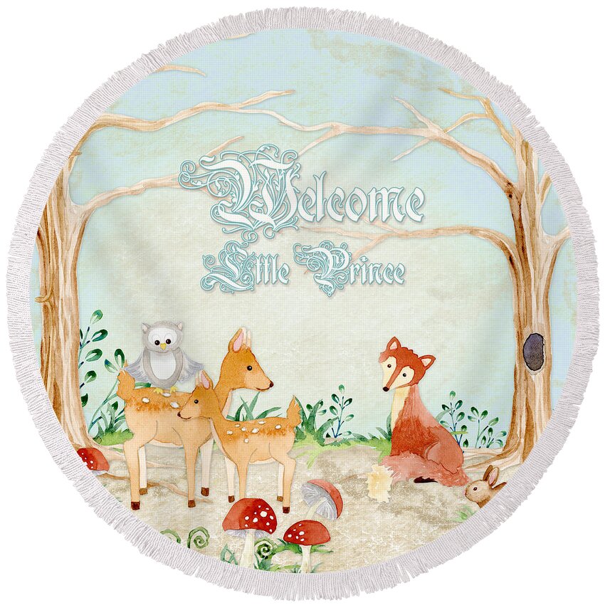 Woodchuck Round Beach Towel featuring the painting Woodland Fairy Tale - Welcome Little Prince by Audrey Jeanne Roberts