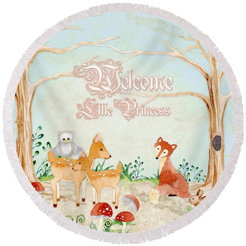 Woodchuck Round Beach Towel featuring the painting Woodland Fairy Tale - Welcome Little Princess by Audrey Jeanne Roberts