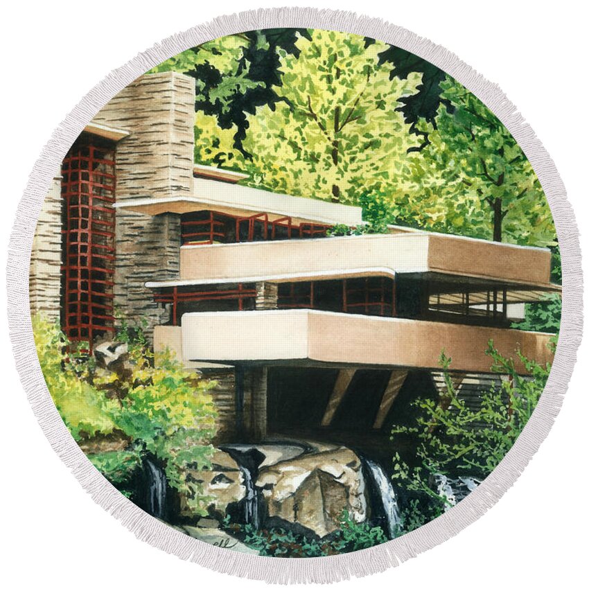 Watercolor Trees Round Beach Towel featuring the painting Fallingwater-a Woodland Retreat by Frank Lloyd Wright by Barbara Jewell