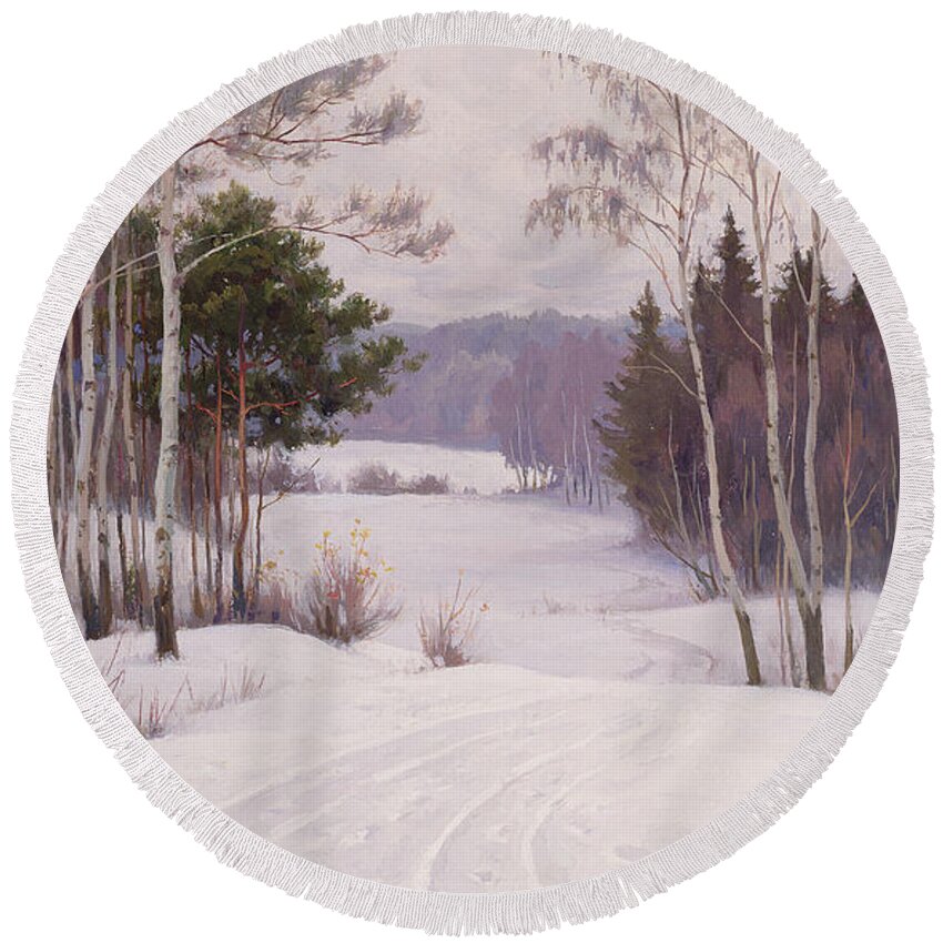 Silver Birch Round Beach Towel featuring the painting Woodland Trail by Boris Walentinowitsch Scherkow
