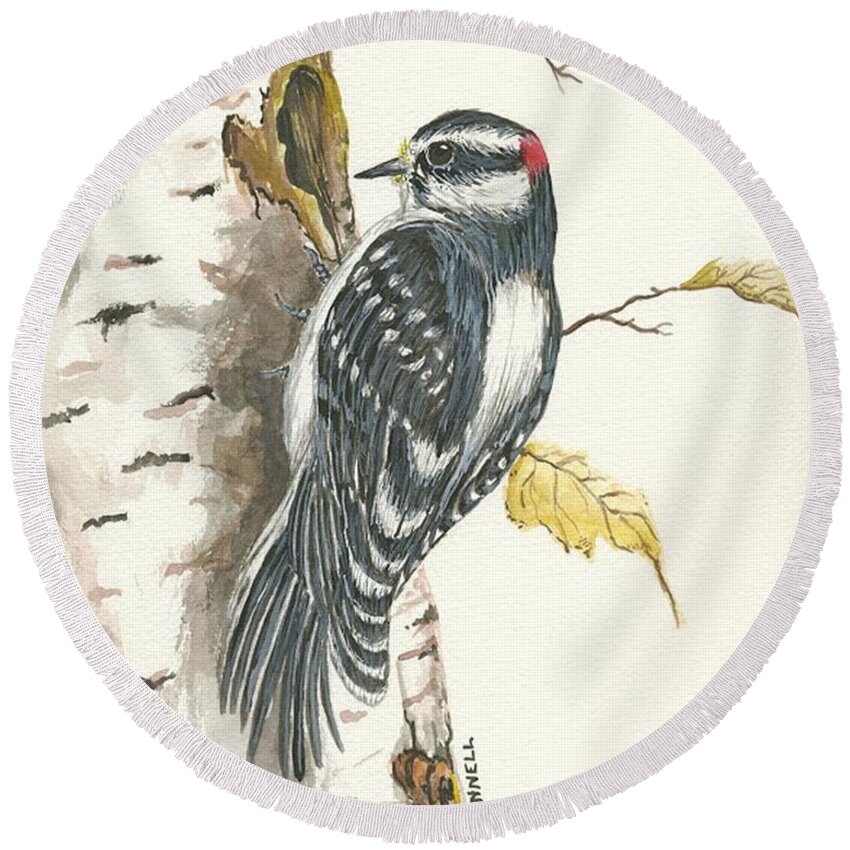 Bird Round Beach Towel featuring the painting Woodpecker by Darren Cannell