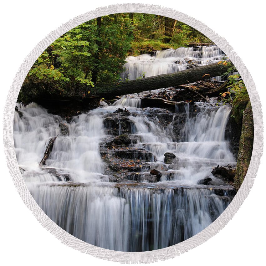 Woods And Waterfall Round Beach Towel featuring the photograph Woods and Waterfall by Rachel Cohen