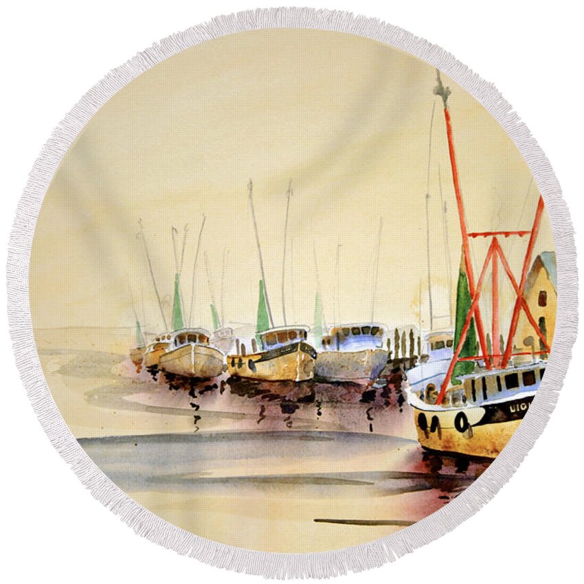 Working Boats Round Beach Towel featuring the painting Working Boats by Shirley Sykes Bracken