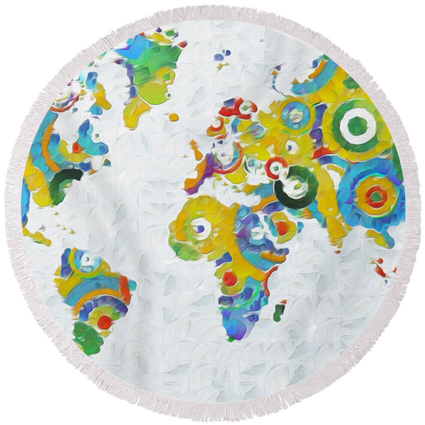 Abstract Round Beach Towel featuring the painting Abstract World Colorful Map by Stefano Senise