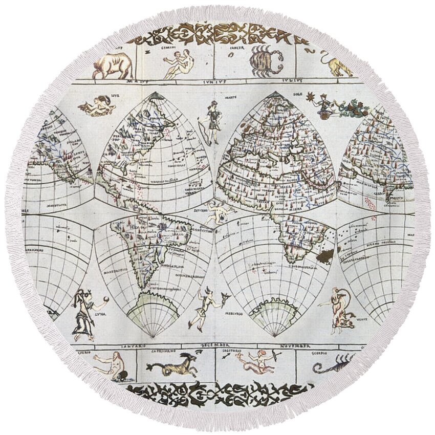 16th Century Round Beach Towel featuring the photograph WORLD MAP, 16th CENTURY by Granger