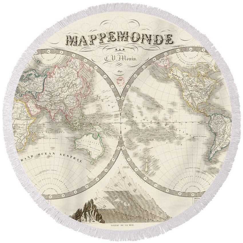  Round Beach Towel featuring the mixed media World map - 1842 by ArtBeOk Com