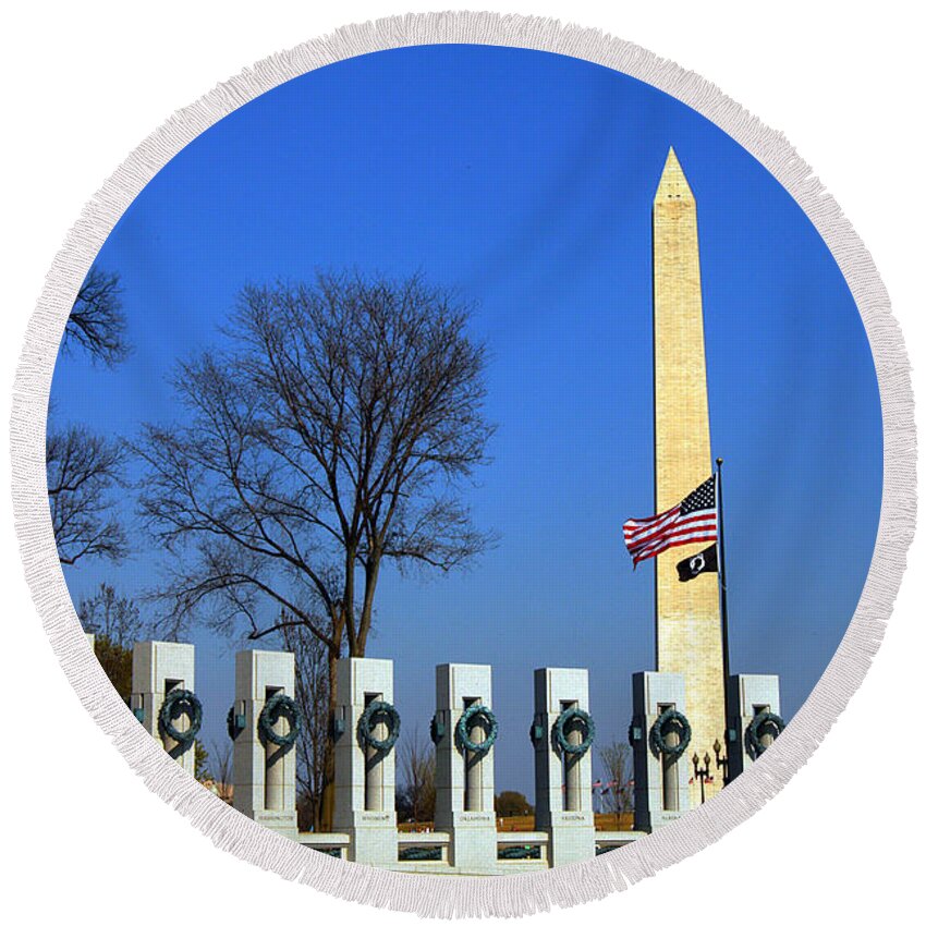Clay Round Beach Towel featuring the photograph World War II Memorial and Washington Monument by Clayton Bruster
