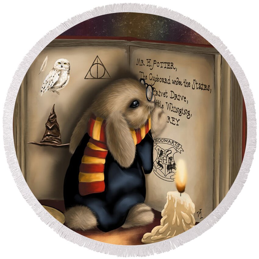 Bunny Round Beach Towel featuring the painting Wow I'm Harry Potter by Veronica Minozzi