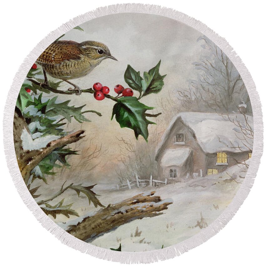 Holly Round Beach Towel featuring the painting Wren in Hollybush by a cottage by Carl Donner
