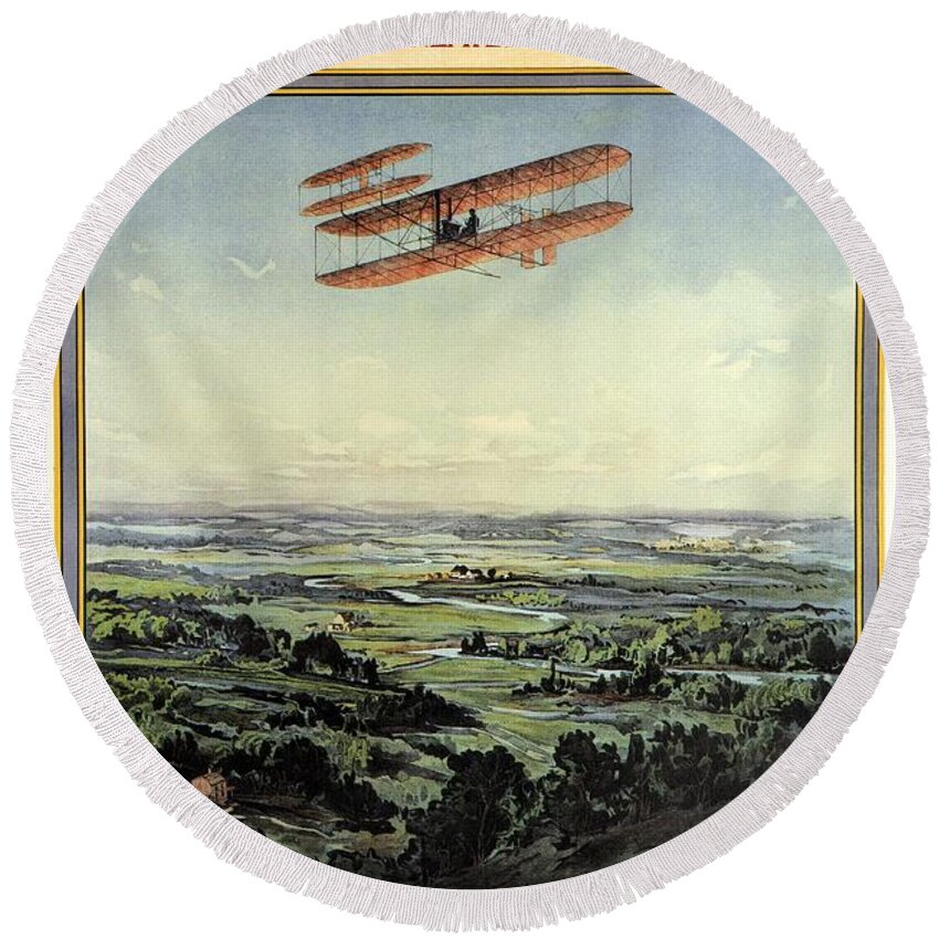 Dayton Round Beach Towel featuring the mixed media Wright Brothers - World's Greatest Aviators - Dayton, Ohio - Retro travel Poster - Vintage Poster by Studio Grafiikka