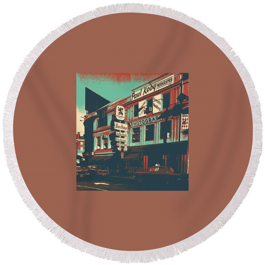 Harvard Sq Round Beach Towel featuring the digital art Wursthause by Steve Glines