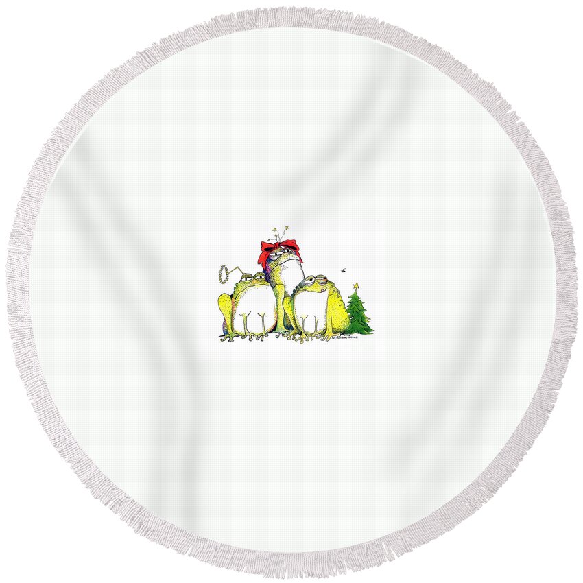 Christmas Card Round Beach Towel featuring the greeting card Xmas Bows by Pat Saunders-White