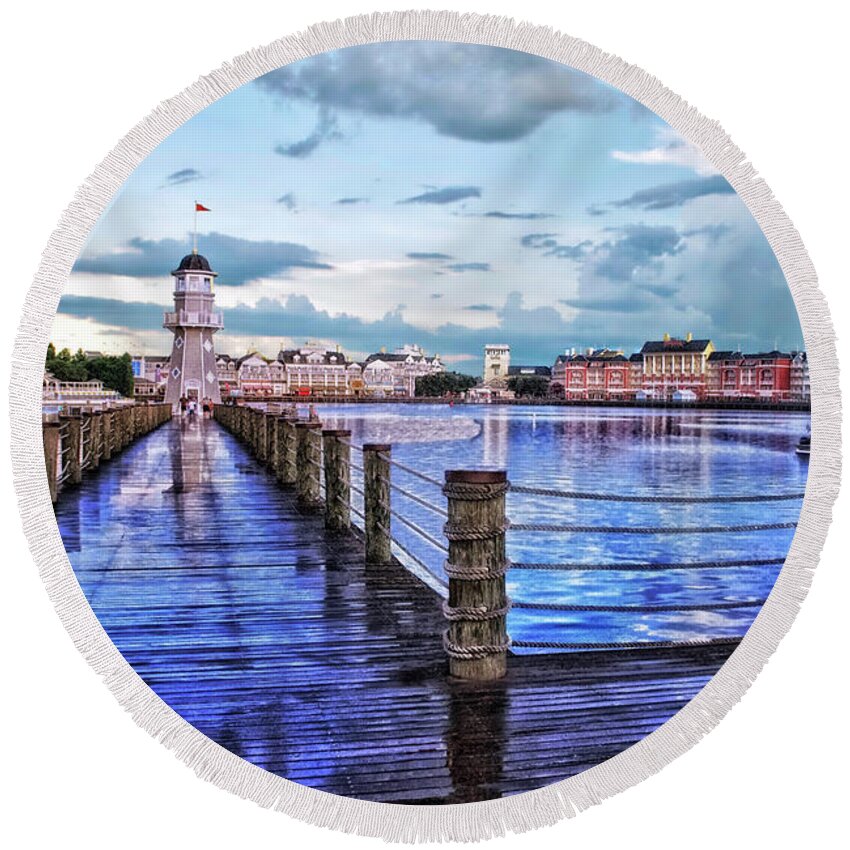Lighthouse Round Beach Towel featuring the photograph Yacht and Beach Club Lighthouse MP by Thomas Woolworth