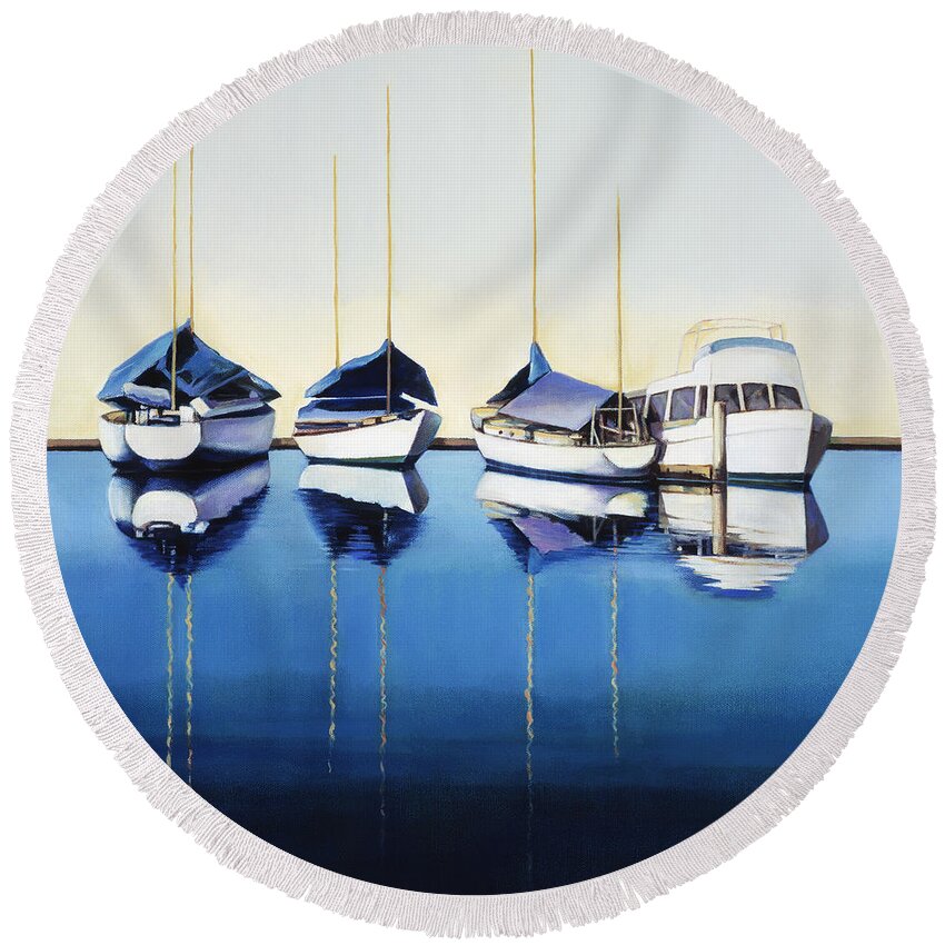 Art Round Beach Towel featuring the painting Yacht Harbor by Han Choi - Printscapes