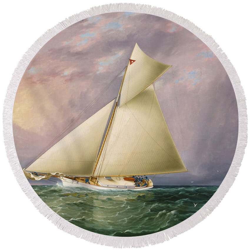 James Edward Buttersworth Round Beach Towel featuring the painting Yacht Race in New York Harbor by James Edward Buttersworth