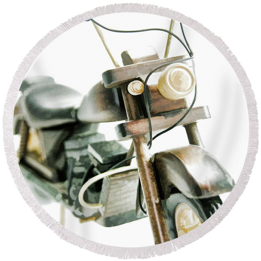 Motorcycle Round Beach Towel featuring the photograph Yard Sale Wooden Toy Motorcycle by Wilma Birdwell
