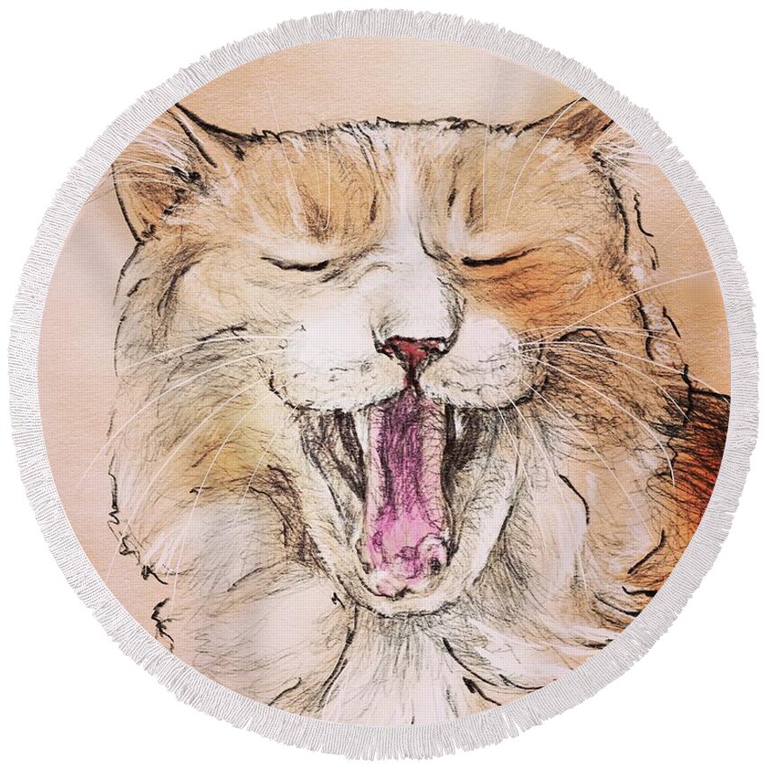 Cat Round Beach Towel featuring the digital art Yawning Ginger Cat by AnneMarie Welsh
