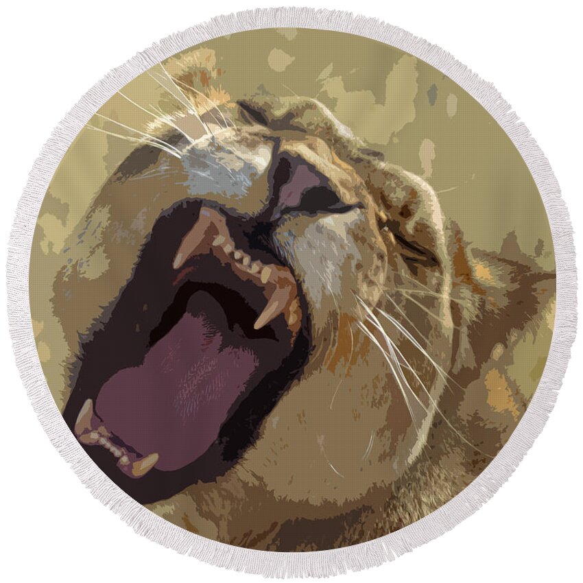Feline Round Beach Towel featuring the photograph Yawning Lioness by Laurel Powell