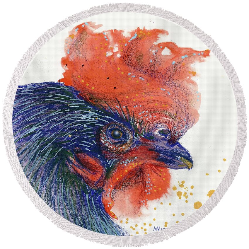 Rooster Round Beach Towel featuring the mixed media Year of the Rooster by AnneMarie Welsh