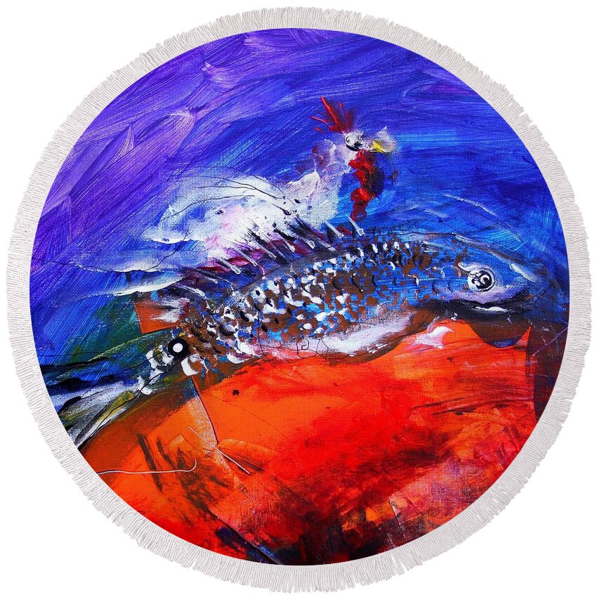 Fish Round Beach Towel featuring the painting Year of the Rooster, Year of the FISH by J Vincent Scarpace