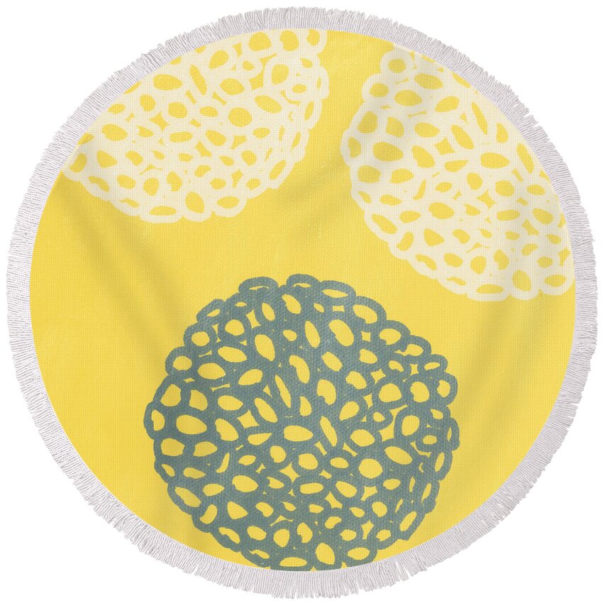 Yellow Round Beach Towel featuring the painting Yellow and Gray Garden Bloom by Linda Woods