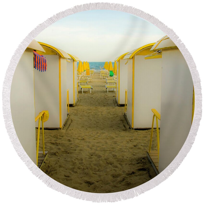 Beach Round Beach Towel featuring the photograph Yellow Beach Cabanas by Wolfgang Stocker