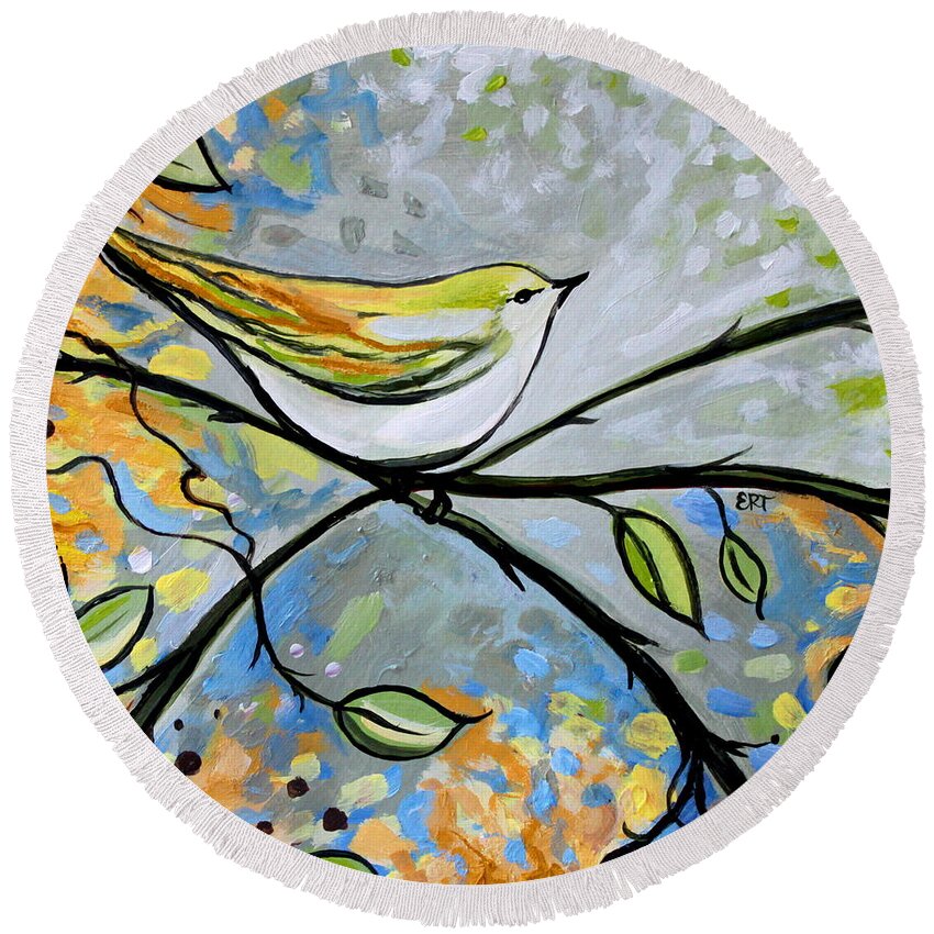 Bird Round Beach Towel featuring the painting Yellow Bird Among Sage Twigs by Elizabeth Robinette Tyndall