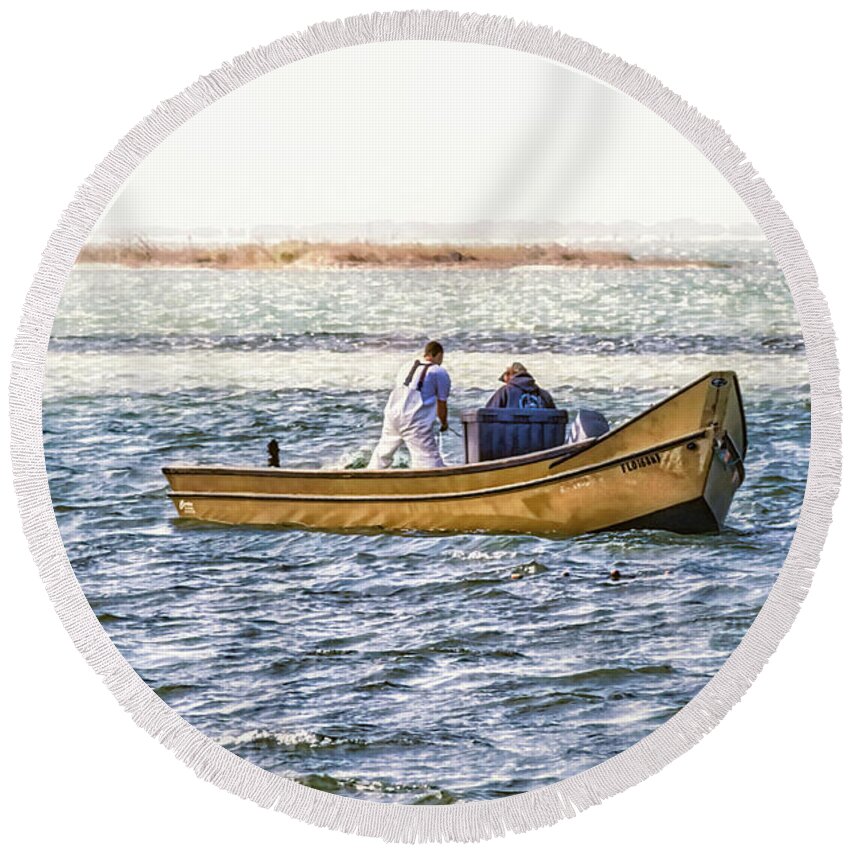 Yellow Boat Round Beach Towel featuring the photograph Yellow Boat - by Julie Weber