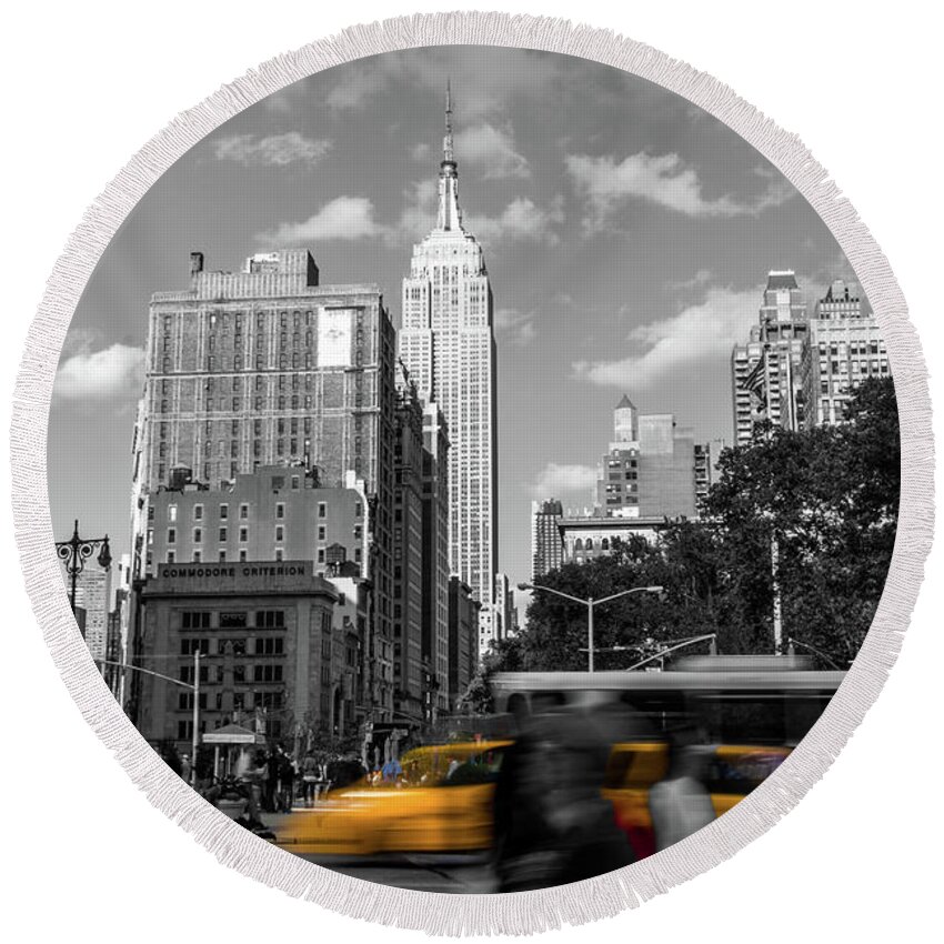 Big Apple Round Beach Towel featuring the photograph Yellow Cabs in Midtown Manhattan, New York by Art Calapatia