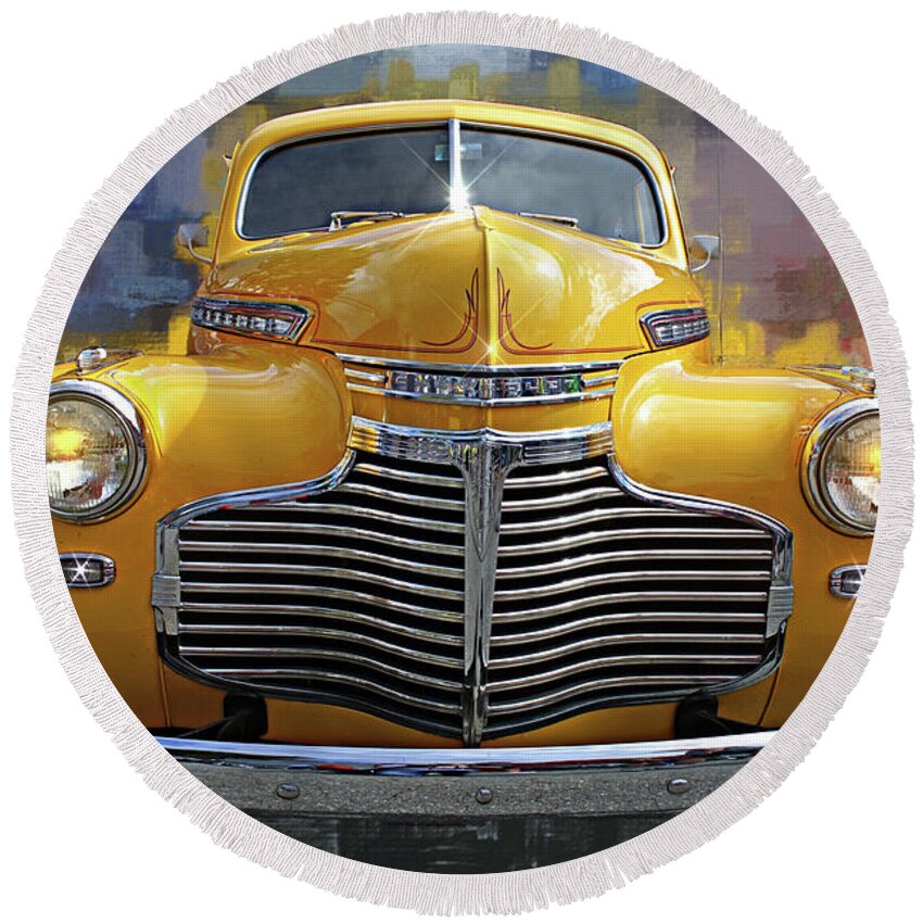 Cars Round Beach Towel featuring the photograph Yellow Chevy by Randy Harris