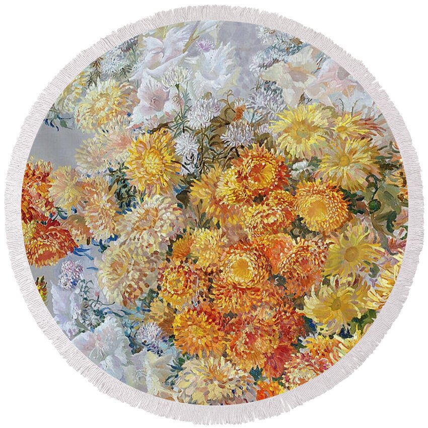 Maya Gusarina Round Beach Towel featuring the painting Yellow Chrysanthemum by Maya Gusarina