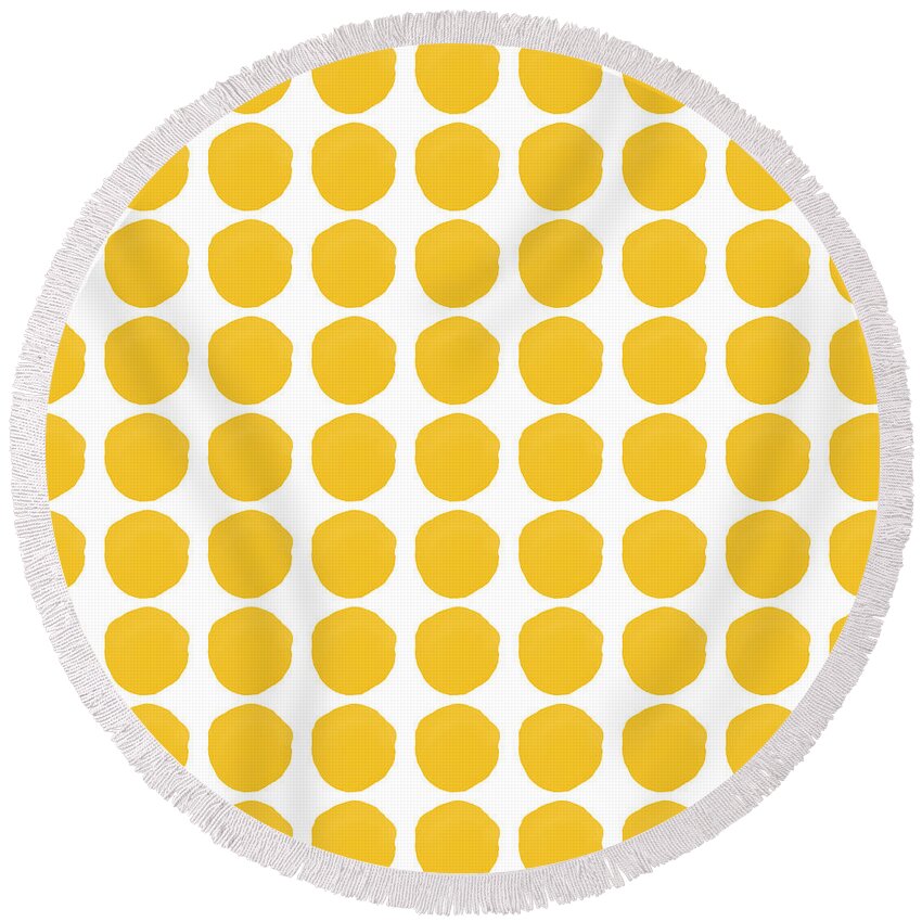 Yellow Round Beach Towel featuring the mixed media Yellow Circles- Art by Linda Woods by Linda Woods