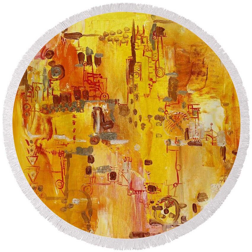 Landscape Round Beach Towel featuring the painting Yellow Conundrum by Regina Valluzzi